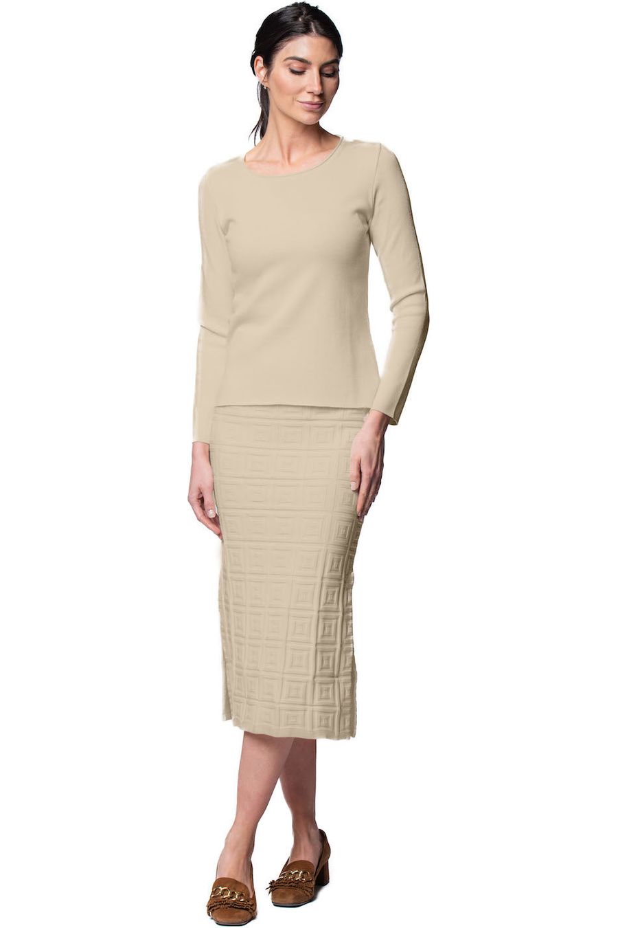 Sabrina Square Pattern Midi Straight Skirt; Warm Beige