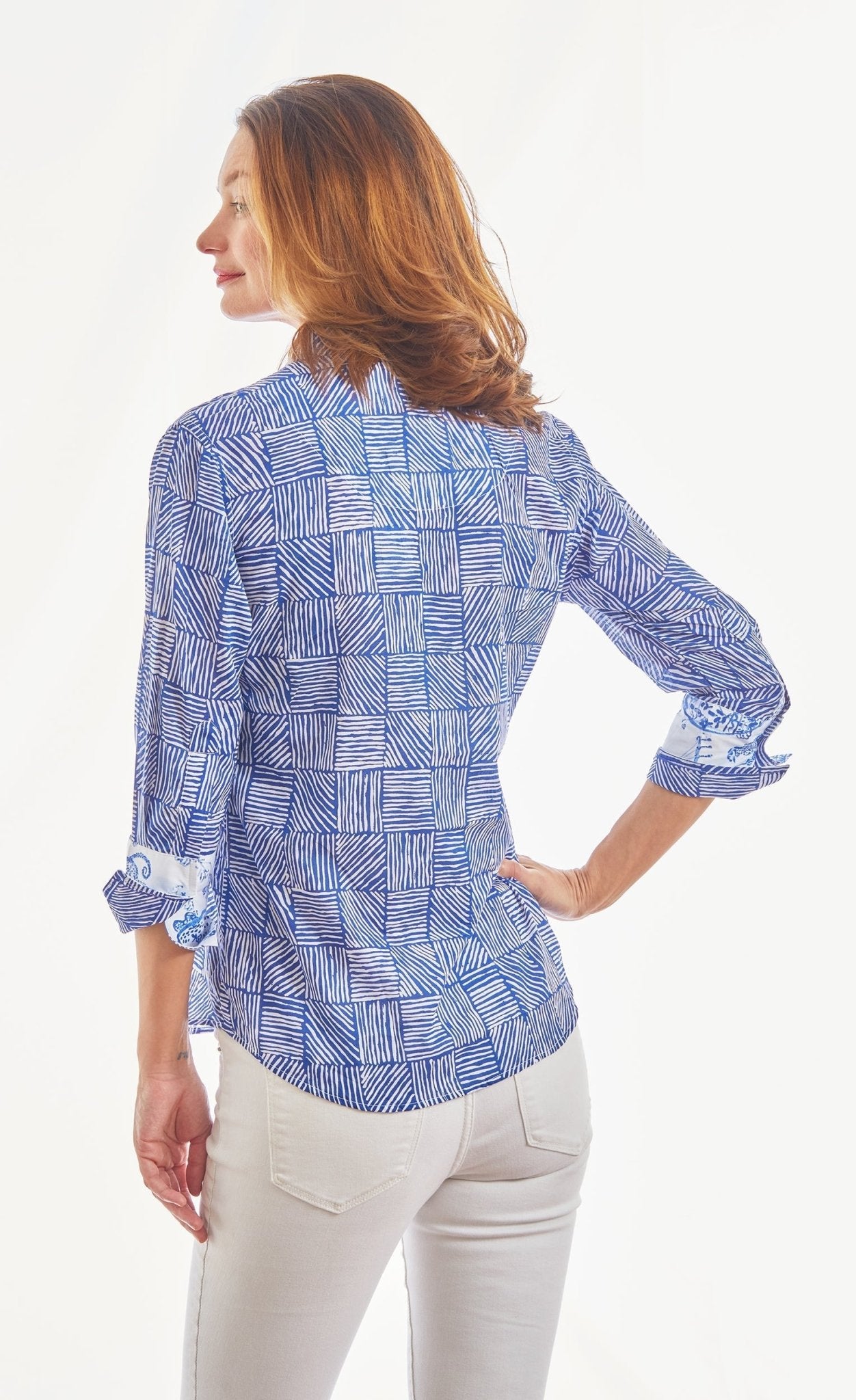 3/4 Sleeve Rome Navy White Criss Cross Boxes - DIZZY LIZZIE - Banebrook Collections