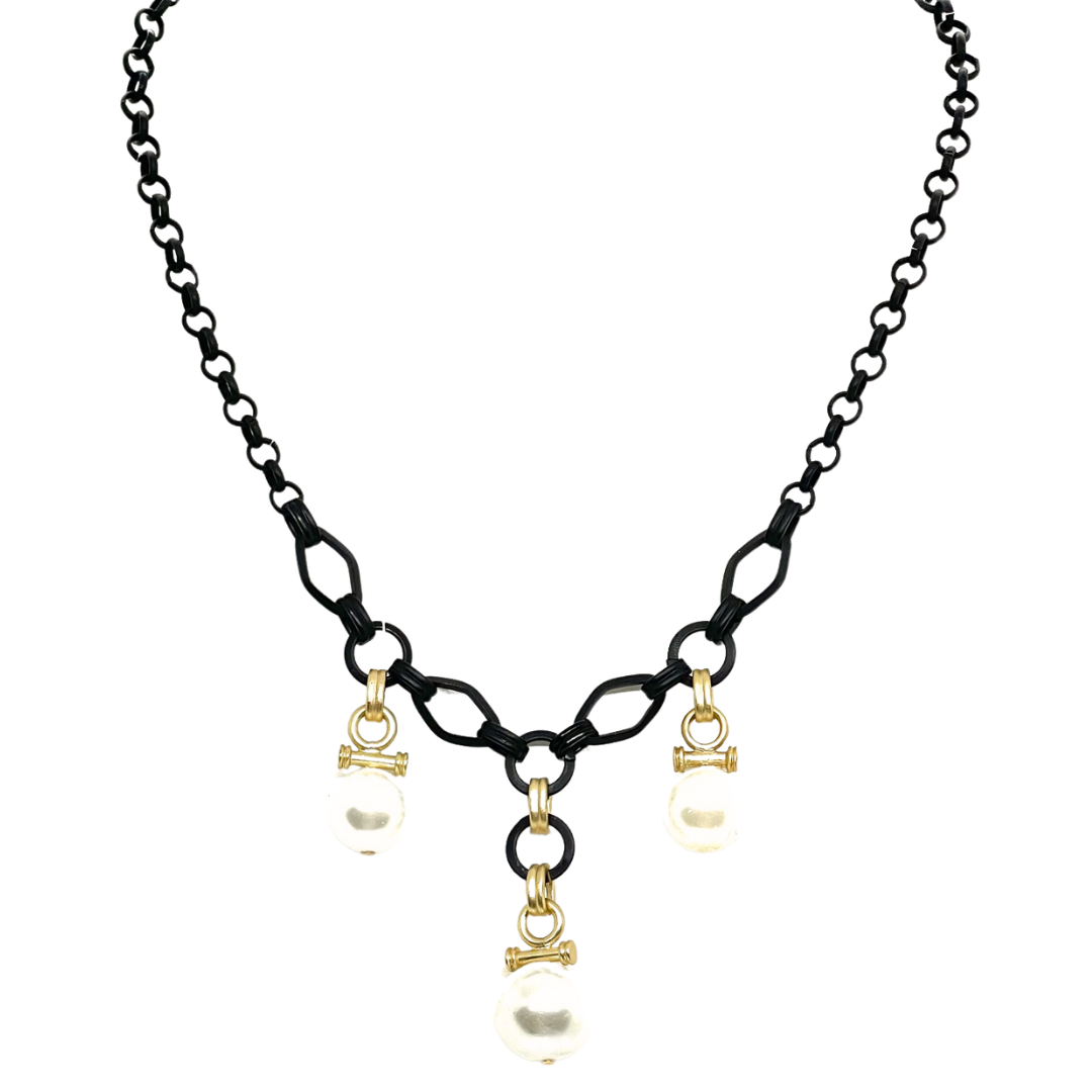 Three Pearl Charm Necklace On Black Chain