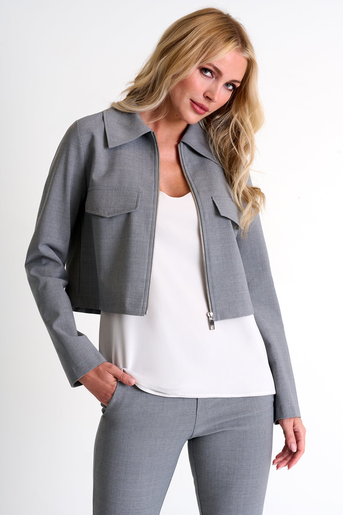 Contemporary Short Jacket - 52480-75-160 02 / 160 Silver Gray / 55% WOOL 40% POLYESTER 5% ELASTANE