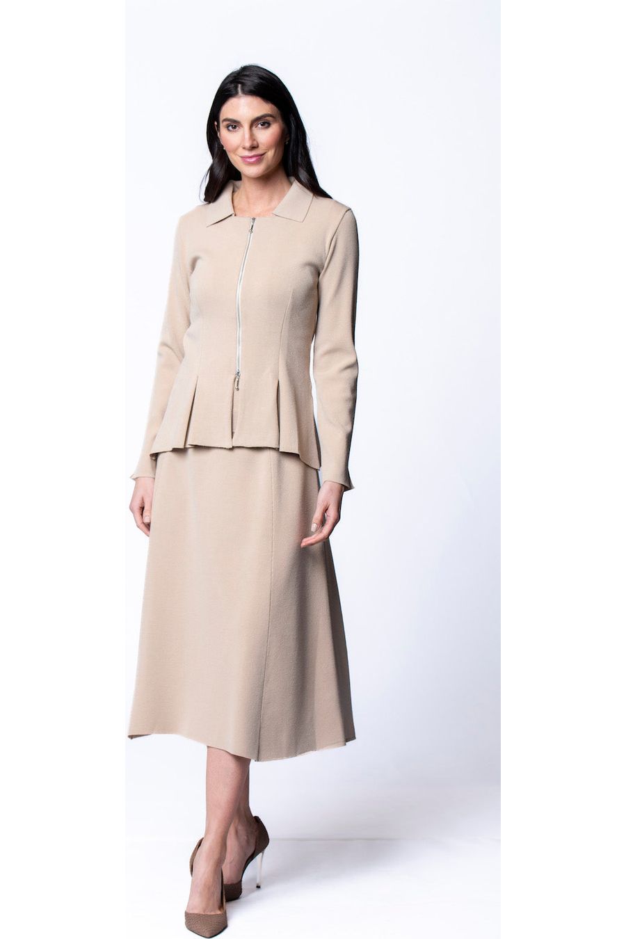 Natalie Milano-Knit A-Line Midi Skirt; Warm Beige