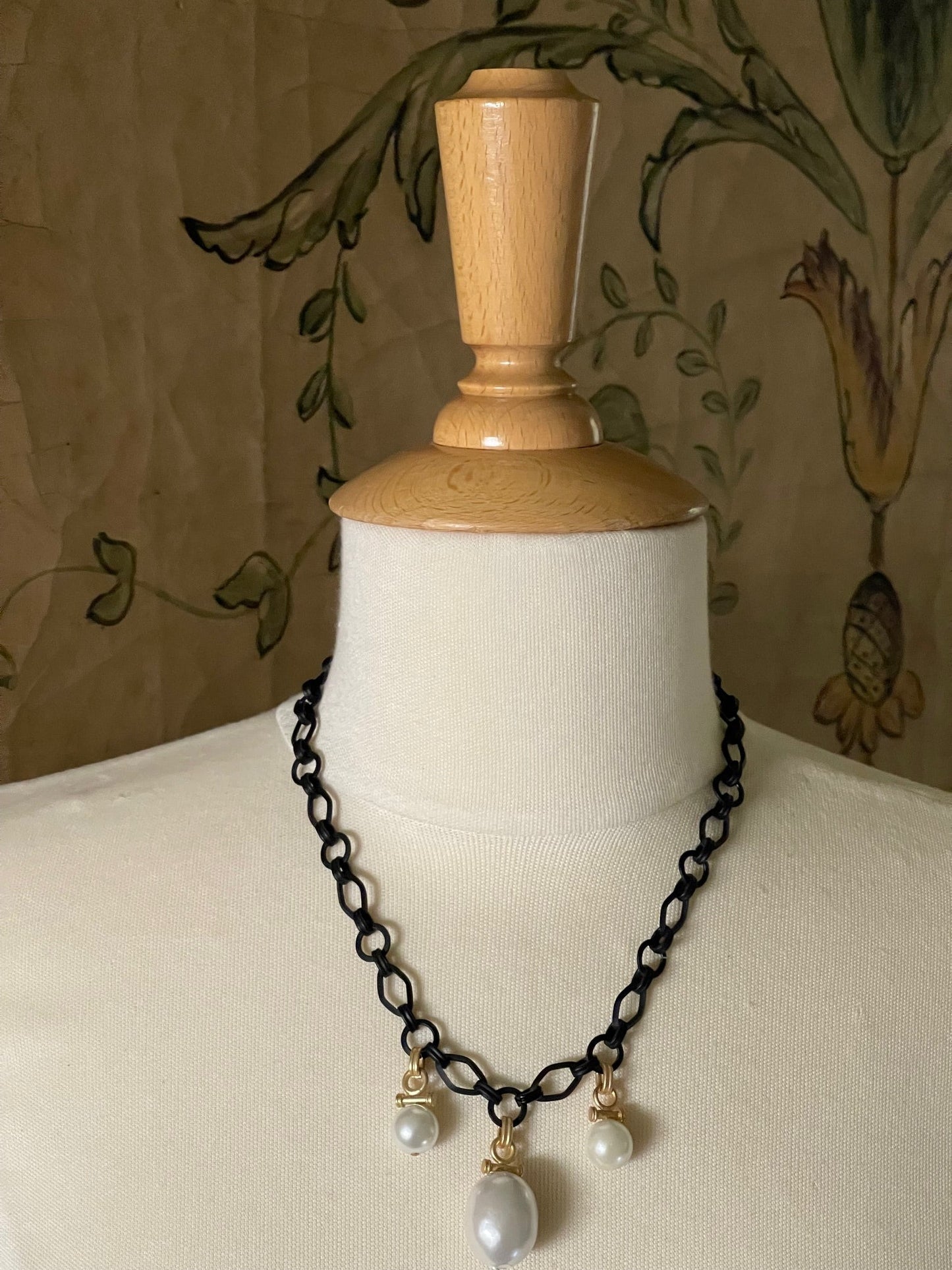 Three Pearl Charm Necklace On Black Chain
