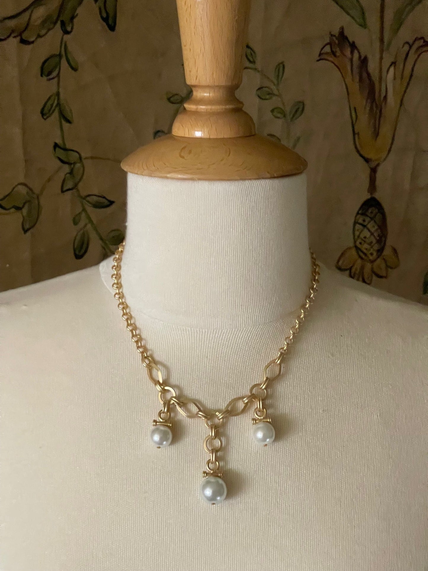 Three Pearl Charm Necklace On Gold Chain