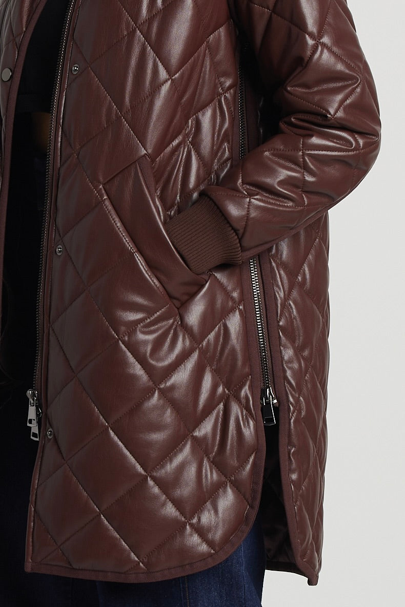 Liberty Quilted Full Zip Vegan Leather Coat W/ Side Zipper
