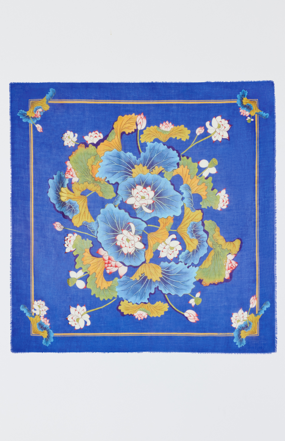 Lotus Print 55" Cashmere Scarf W/ Fringed Edges