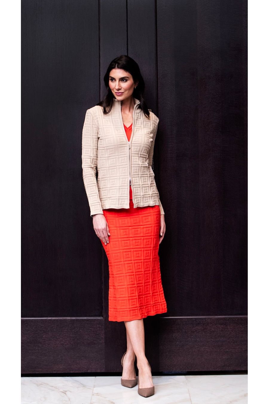 Zoe Square-Detail Knit Jacket ; Warm Beige