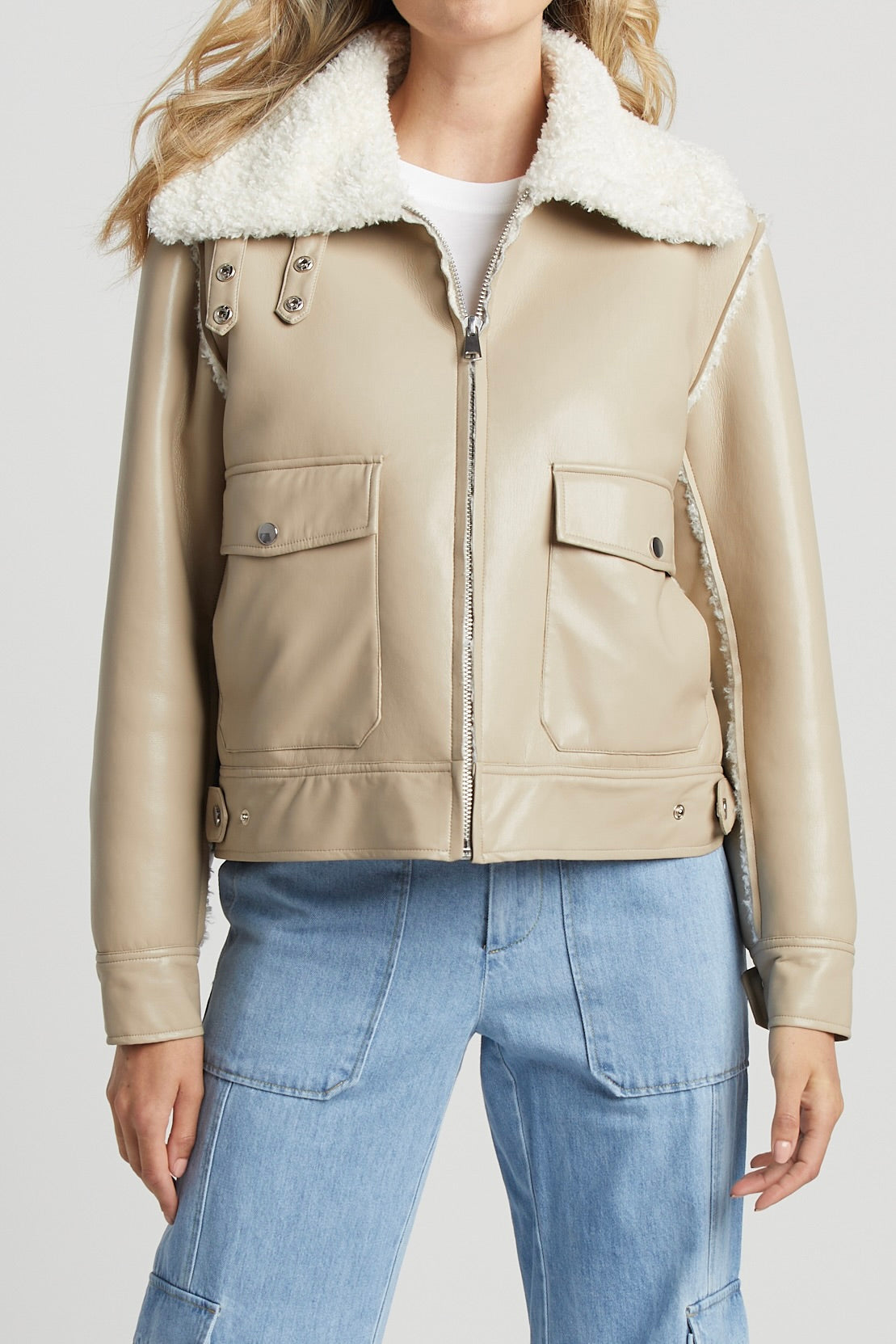 Parker Bonded Vegan Leather Aviator Jacket W/ Collar Snap Closure