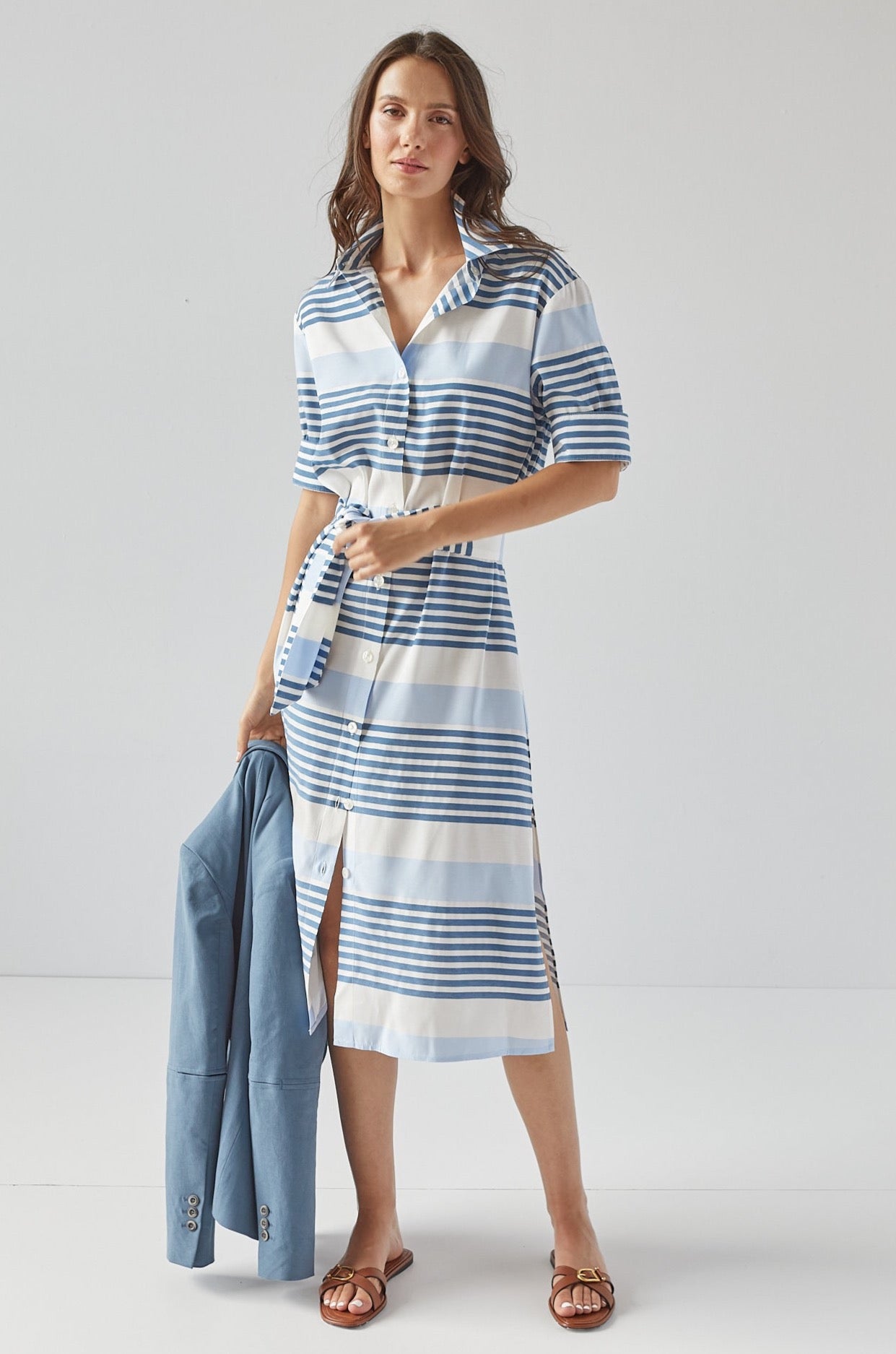 Randi Long Buttoned Shirt Dress W/ Sash & Side Pockets