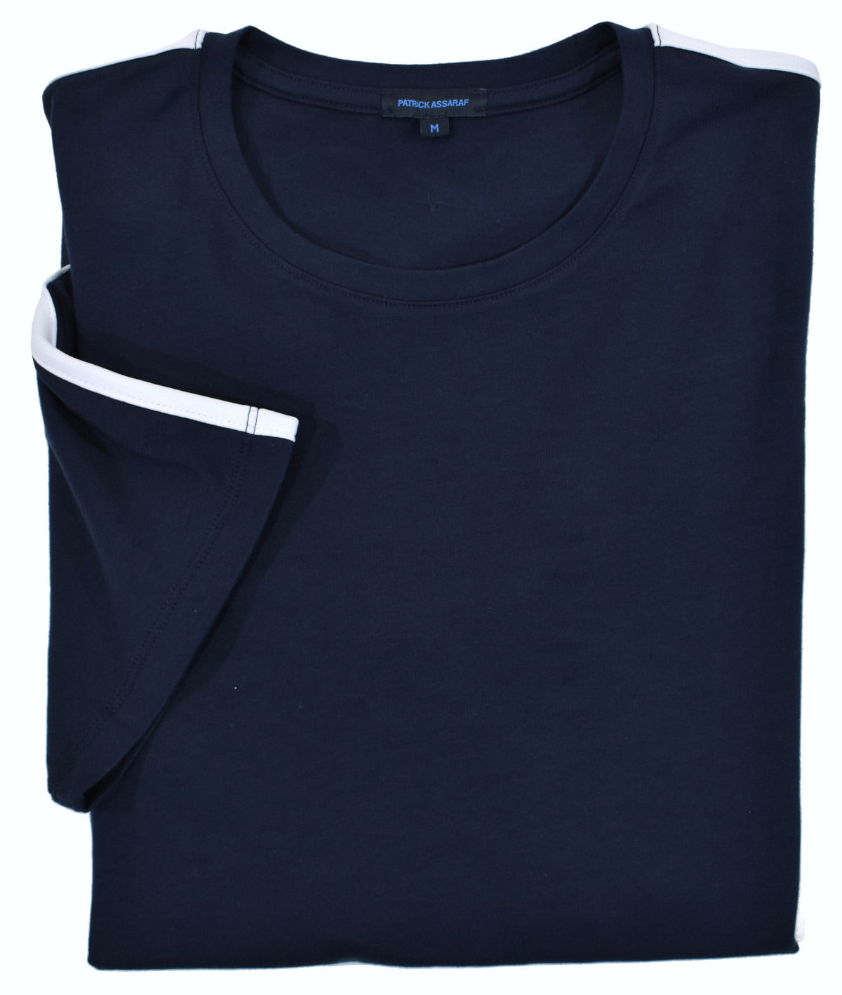 Super soft and rich Pima cotton fabric in a classic tee model with an accent white stripe on the shoulder and down the sleeve. Open sleeve and side slit vents. Simple fashion design by Assaraf Italy. Classic shaped fit.