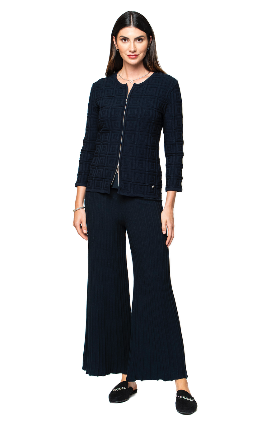 Zia Square-Detail Knit Jacket; Dark Navy