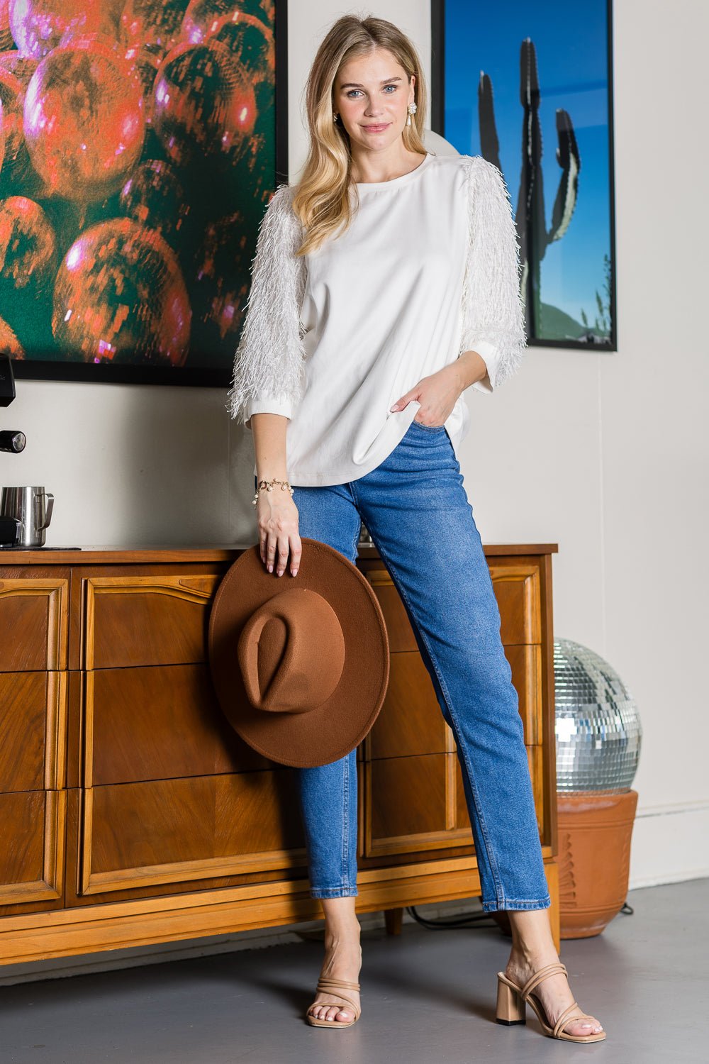 Abby Suede Top with Feathered Sleeves - JOH APPAREL - Banebrook Collections