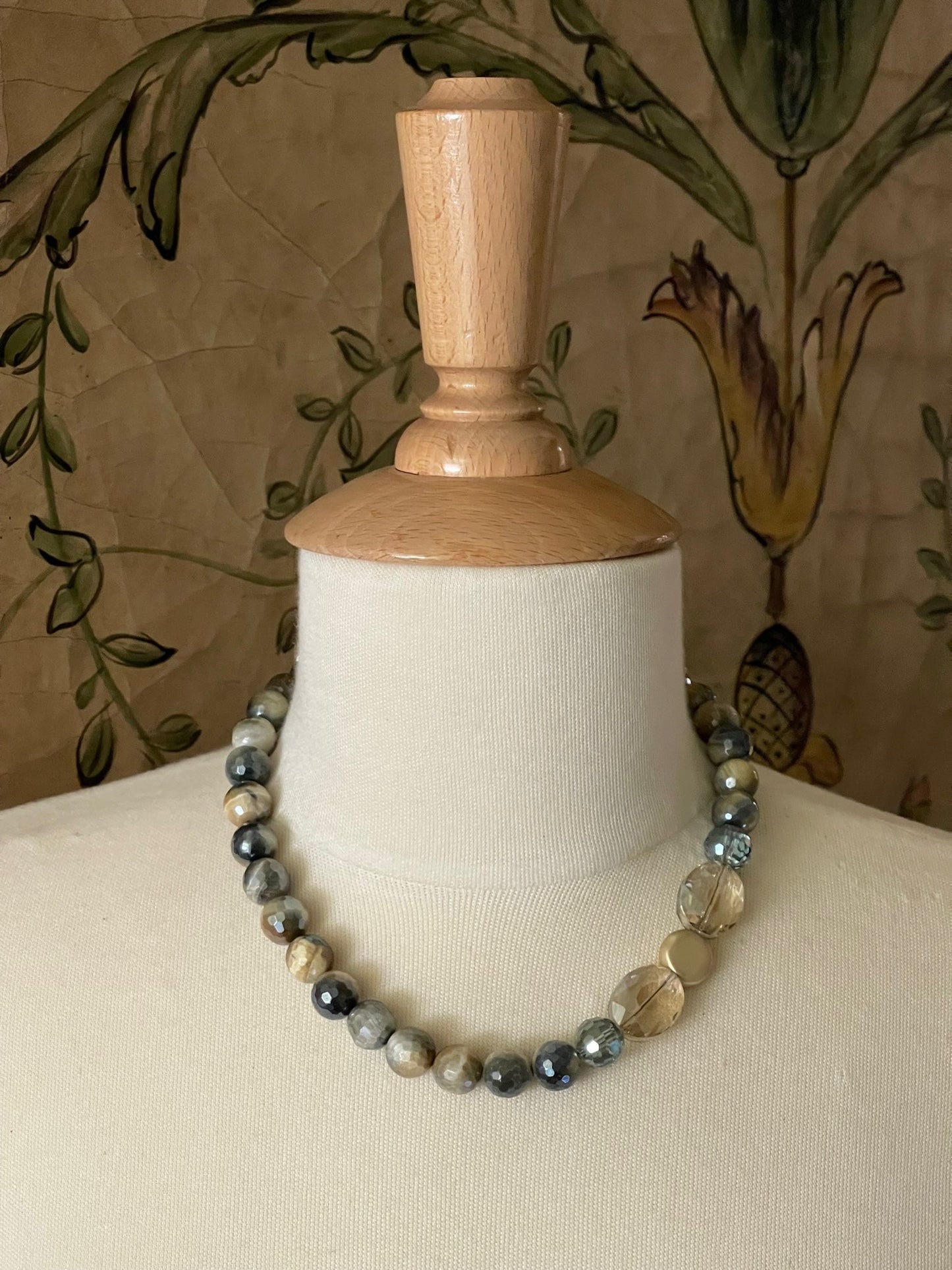 Blue Cream Tigers Eye With Champagne & Blue Crystal And Matte Gold Side Accents Necklace - DEBORAH GRIVAS - Banebrook Collections