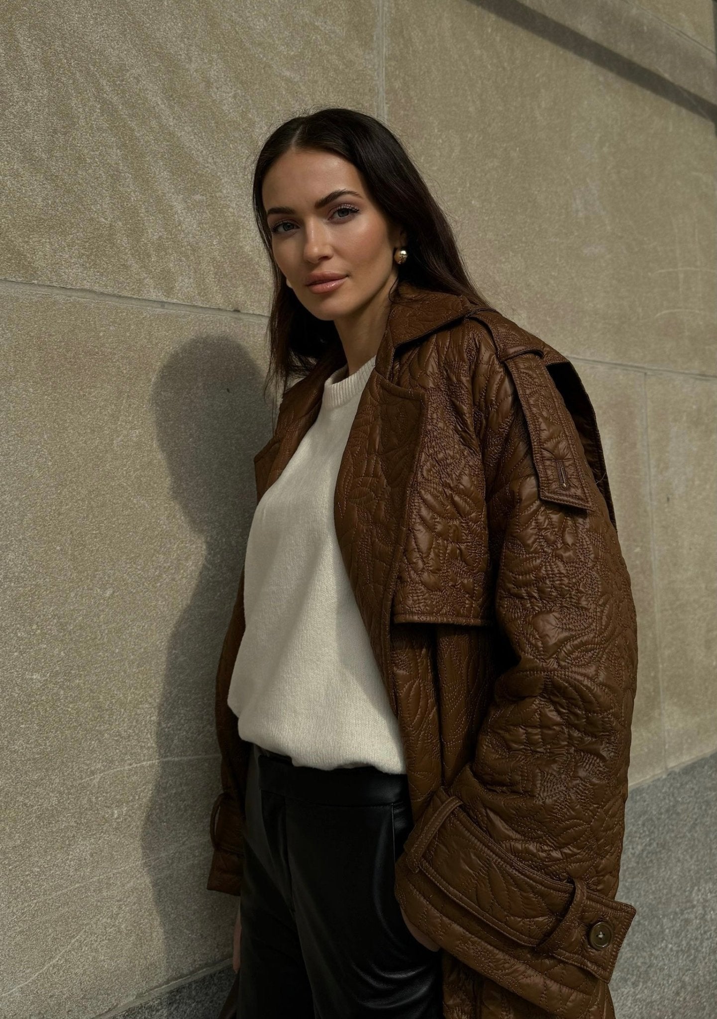 Embroidered Oversized Trench Coat In Vicuna - DÍOMÍ - Banebrook Collections