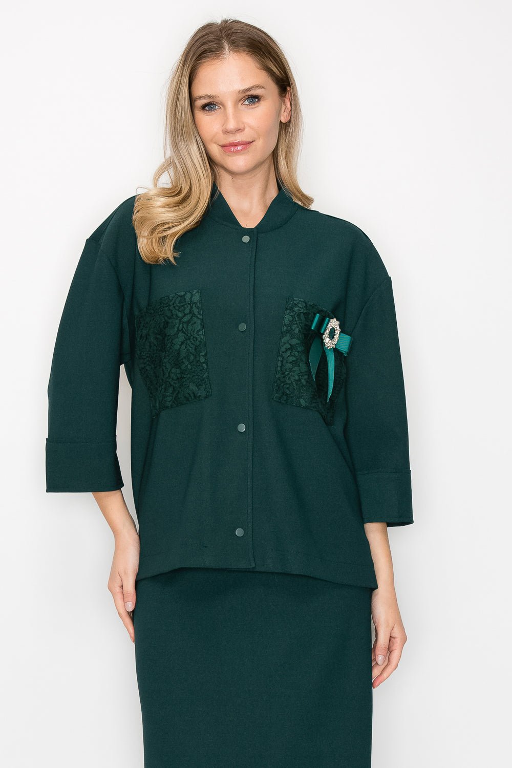 Kyle Crepe Knit with Detachable Ribbon Brooch - JOH APPAREL - Banebrook Collections