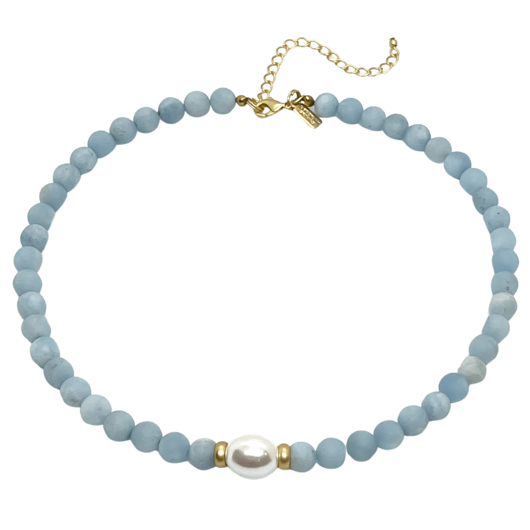 Matte Aquamarine With Mop Pearl Center And Matte Gold Accents Necklace - DEBORAH GRIVAS - Banebrook Collections