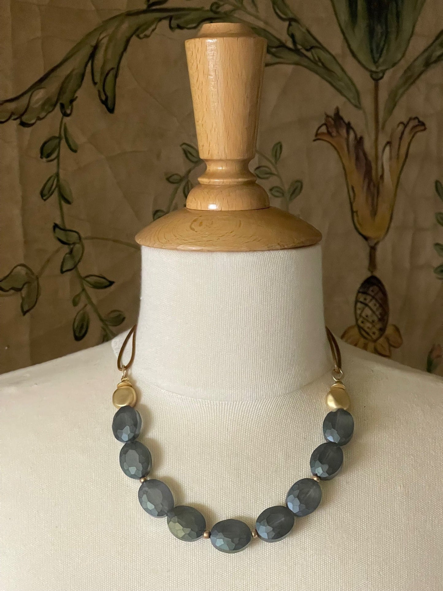 Matte Olive Crystal And Flat Matte Gold Nugget Necklace On Bronze Linen - DEBORAH GRIVAS - Banebrook Collections