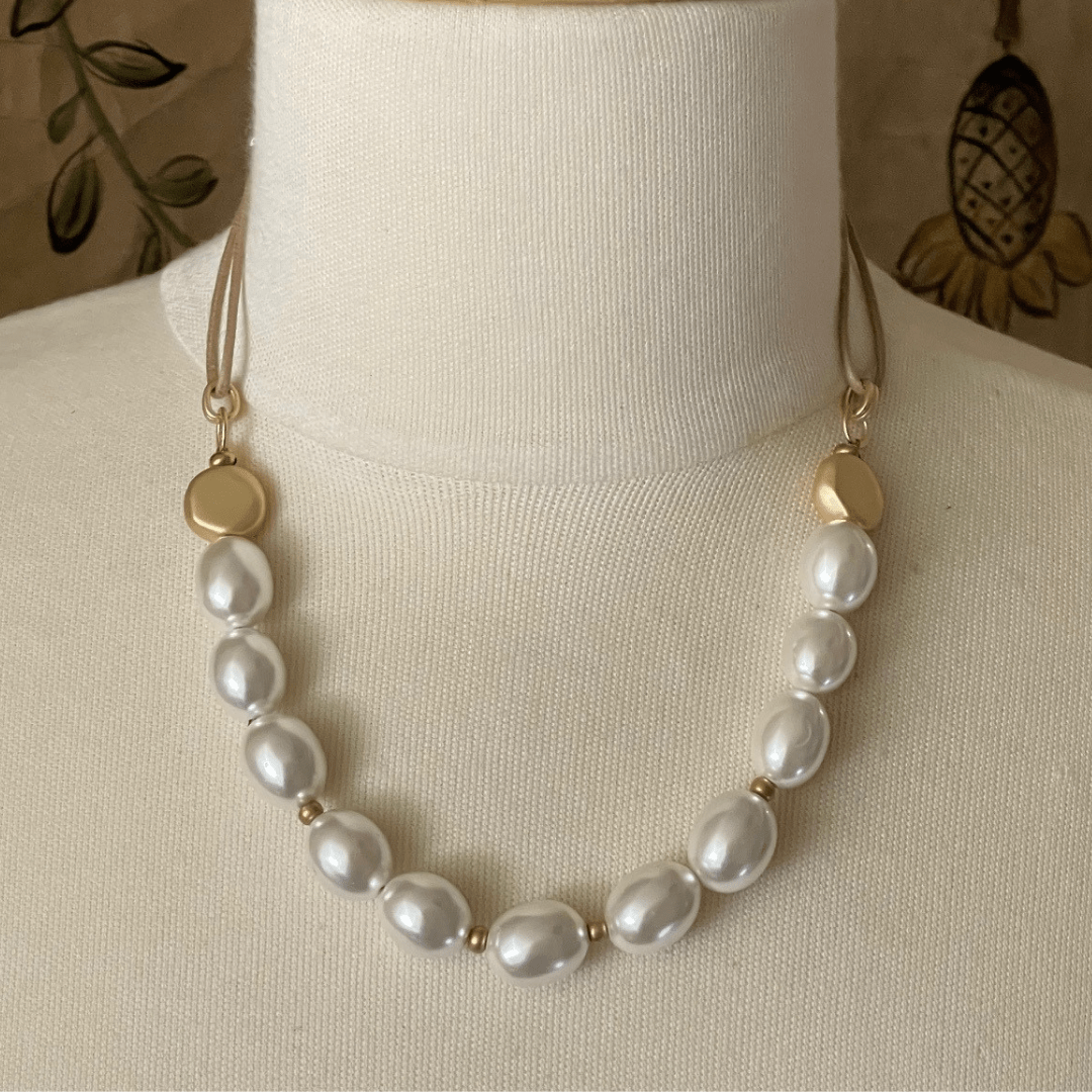 Mop And Flat Matte Gold Nugget Necklace On Natural Linen - DEBORAH GRIVAS - Banebrook Collections