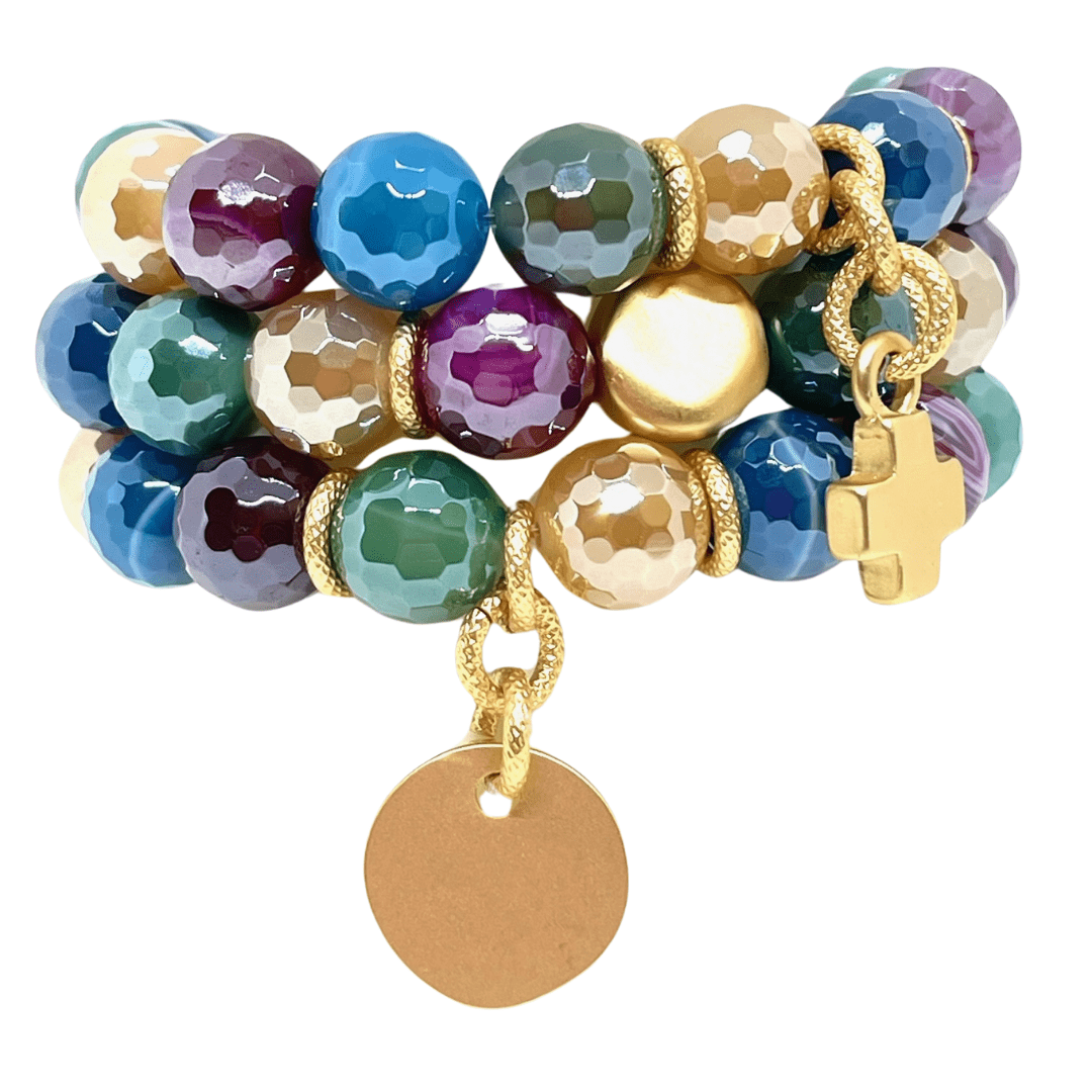 Multi Agate And Gold Nugget Stretch Bracelet - DEBORAH GRIVAS - Banebrook Collections