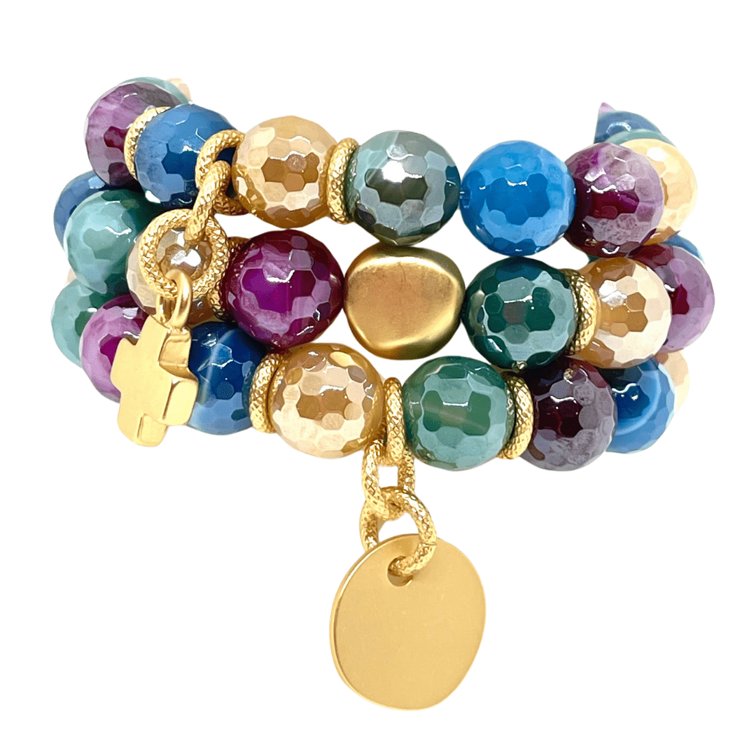 Multi Agate Stretch Bracelet With Matte Gold Charm - DEBORAH GRIVAS - Banebrook Collections