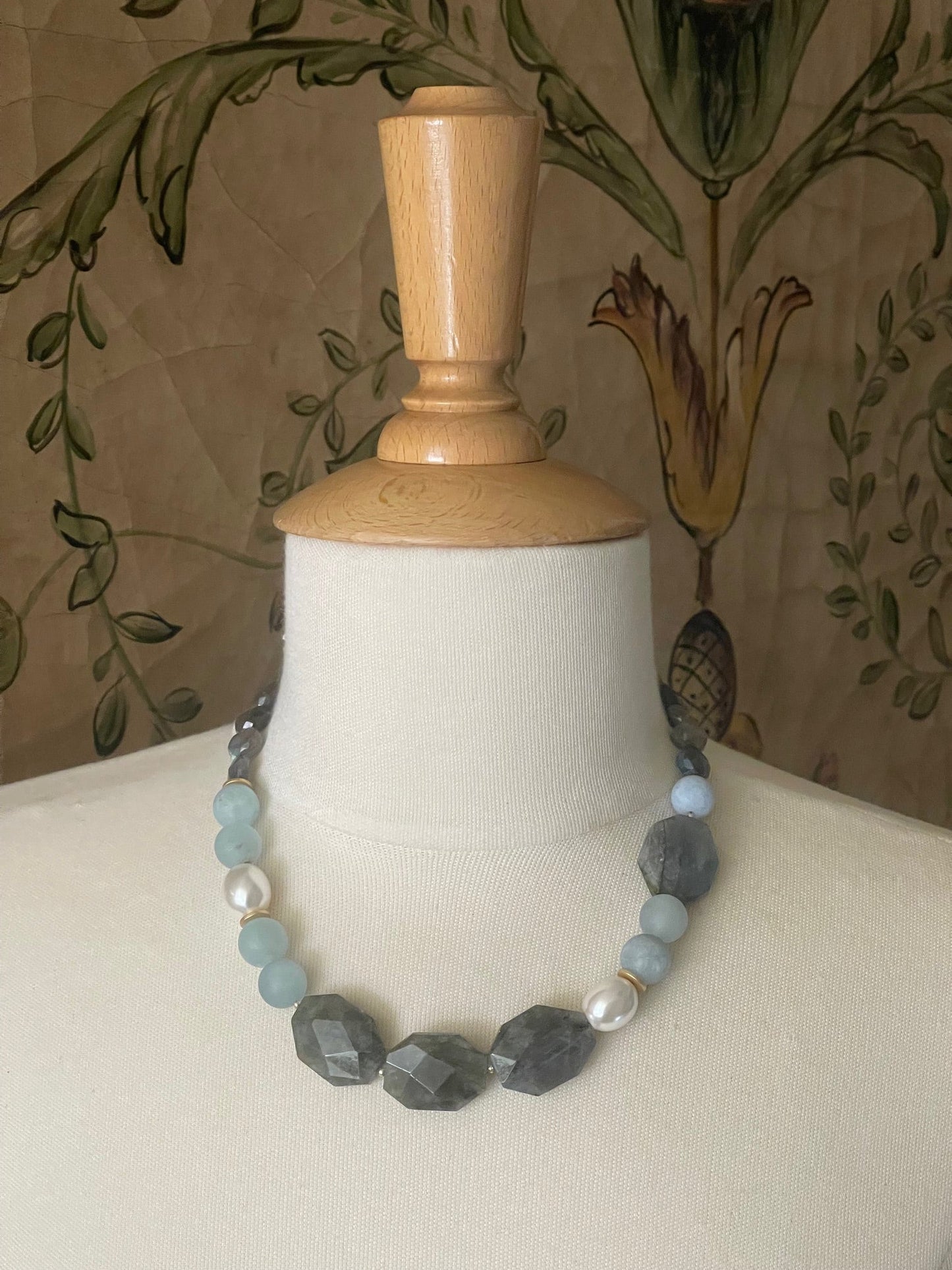 Natural Labradorite, Matte Aquamarine And Mop Necklace - DEBORAH GRIVAS - Banebrook Collections