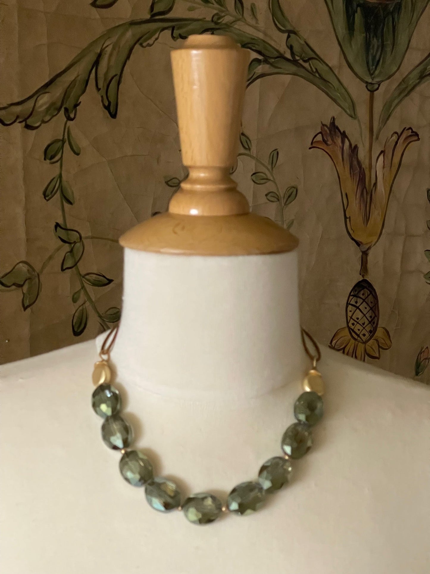 Olive Crystal And Flat Matte Gold Nugget Necklace On Bronze Linen - DEBORAH GRIVAS - Banebrook Collections
