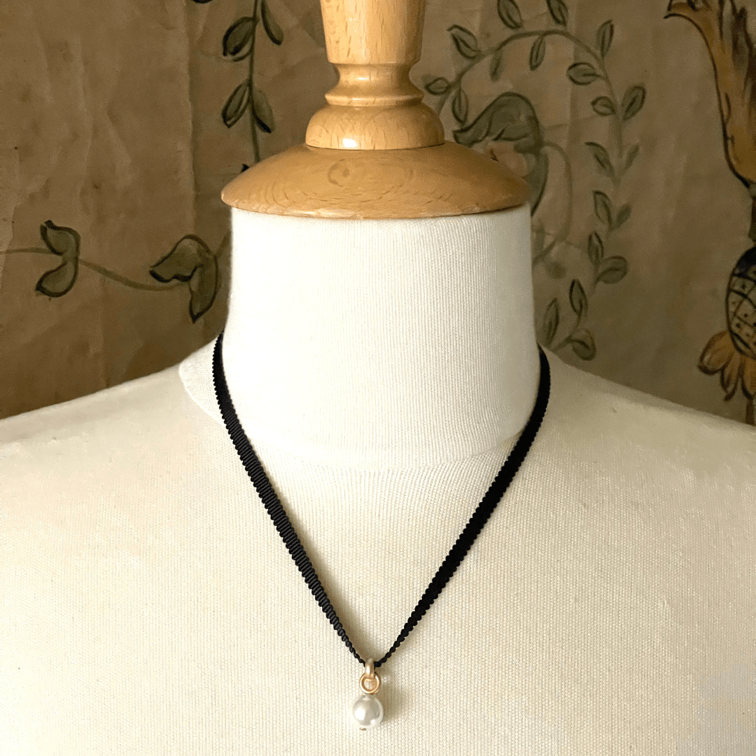 Pearl Pendant On Green Grosgrain Ribbon Necklace - DEBORAH GRIVAS - Banebrook Collections