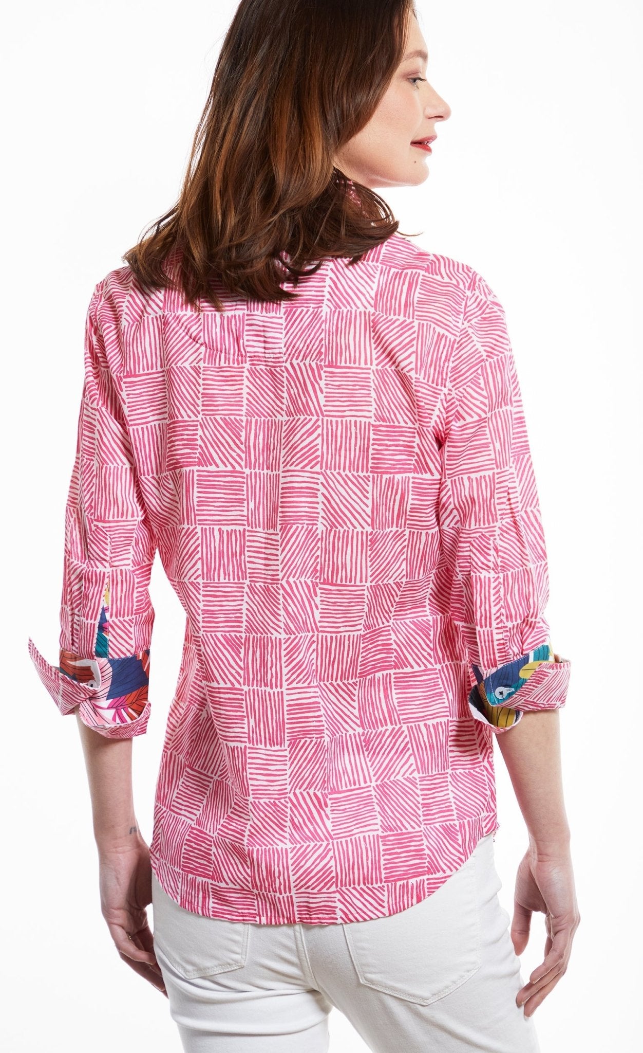 Rome Shirt 3/4 Sleeve In Fuschia With White Criss Cross Print - DIZZY LIZZIE - Banebrook Collections
