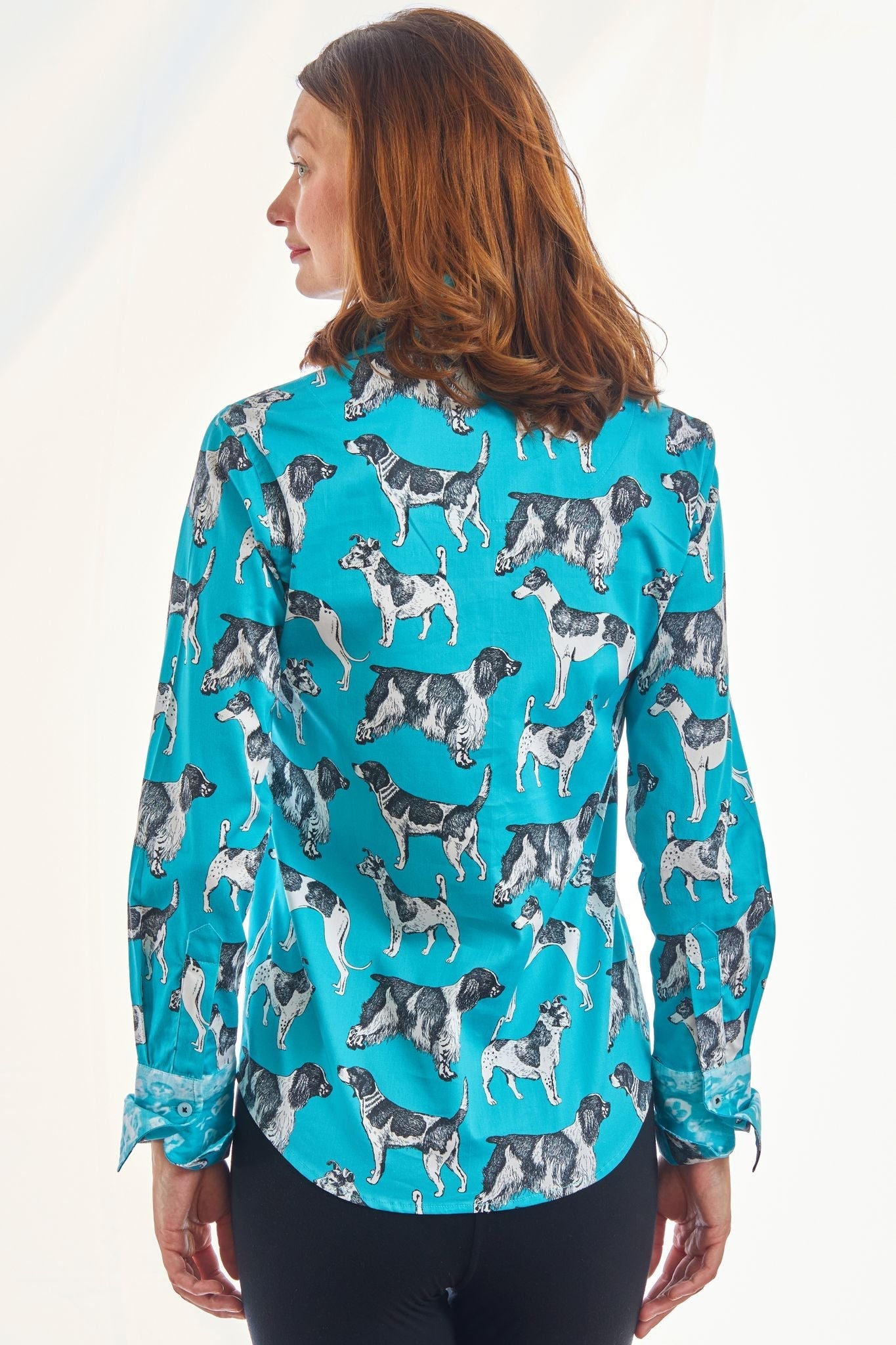 Rome Shirt Turquoise Ground Black White Pooches - DIZZY LIZZIE - Banebrook Collections
