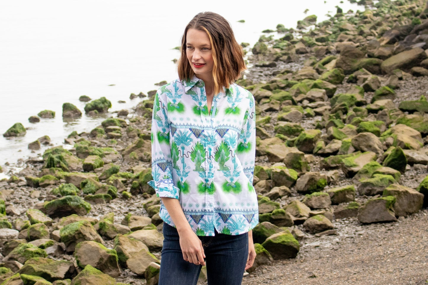 Rome Shirt With 3/4 Sleeve Multi Palm Trees - DIZZY LIZZIE - Banebrook Collections