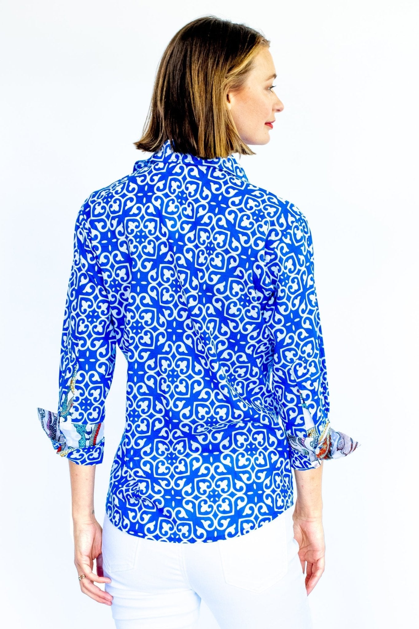 Rome Shirt With 3/4 Sleeves Cobalt Blue & White Geometric Print - DIZZY LIZZIE - Banebrook Collections