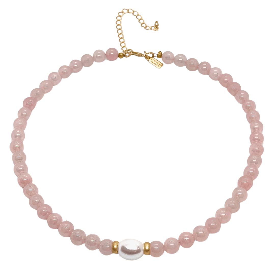 Rose Quartz With Mop Pearl Center And Matte Gold Accents Necklace - DEBORAH GRIVAS - Banebrook Collections