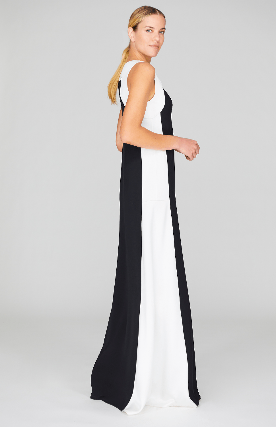 Satin V Neck Gown W/ Contrast Panels - Mi Jong Lee - Banebrook Collections