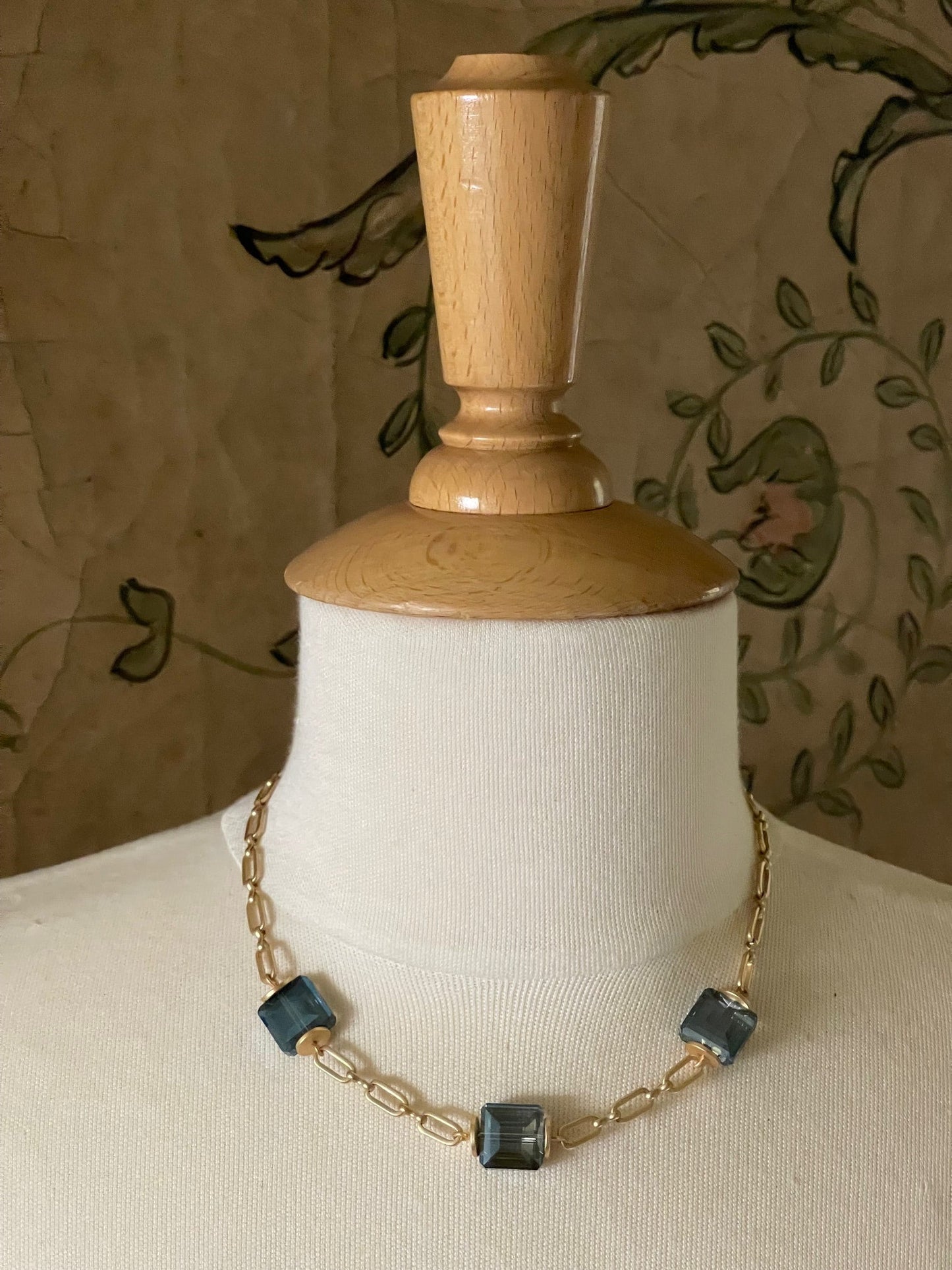 Square Blue Crystals On Matte Gold Chain Necklace - DEBORAH GRIVAS - Banebrook Collections