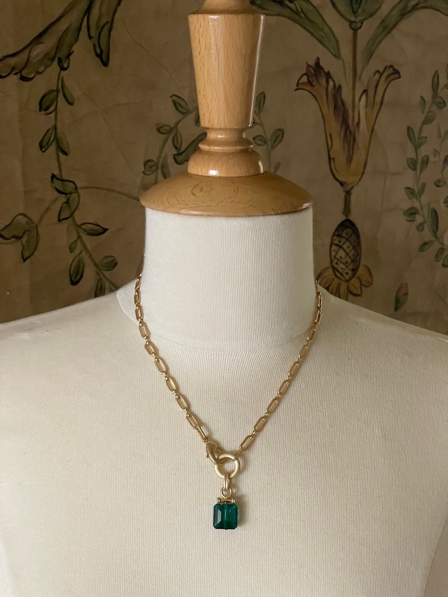 Square Emerald Green Crystal Front Closure Necklace On Matte Gold Chain - DEBORAH GRIVAS - Banebrook Collections