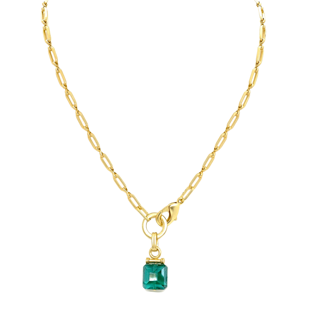 Square Emerald Green Crystal Front Closure Necklace On Matte Gold Chain - DEBORAH GRIVAS - Banebrook Collections