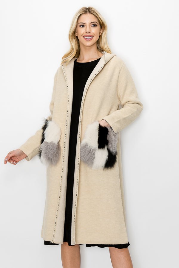 Stella Knitted Sweater Coat With Faux Fur Pockets - JOH APPAREL - Banebrook Collections