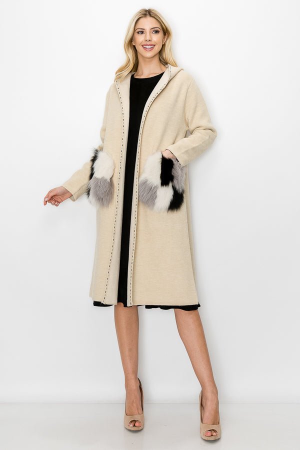 Stella Knitted Sweater Coat With Faux Fur Pockets - JOH APPAREL - Banebrook Collections