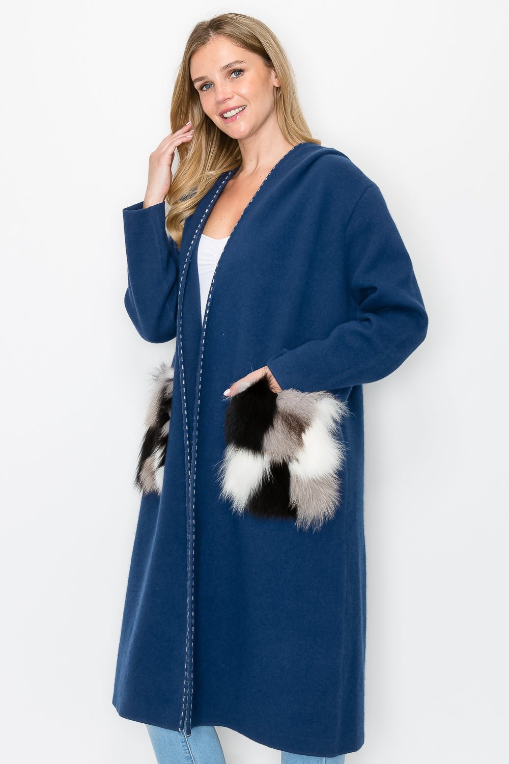 Stella Knitted Sweater Coat With Faux Fur Pockets - JOH APPAREL - Banebrook Collections