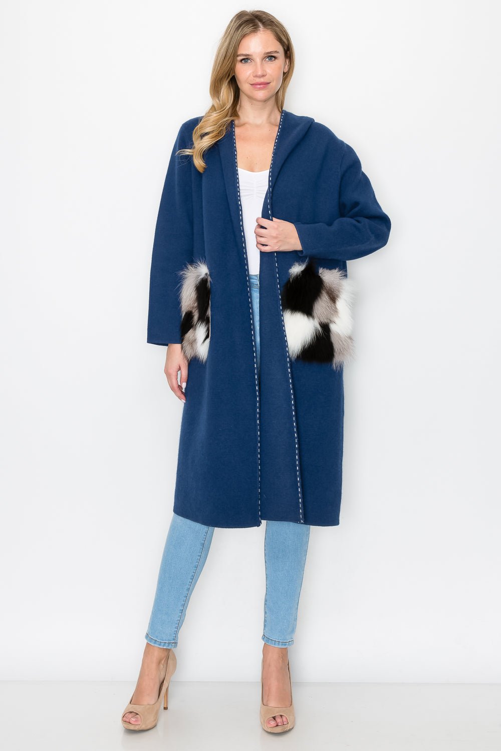 Stella Knitted Sweater Coat With Faux Fur Pockets - JOH APPAREL - Banebrook Collections
