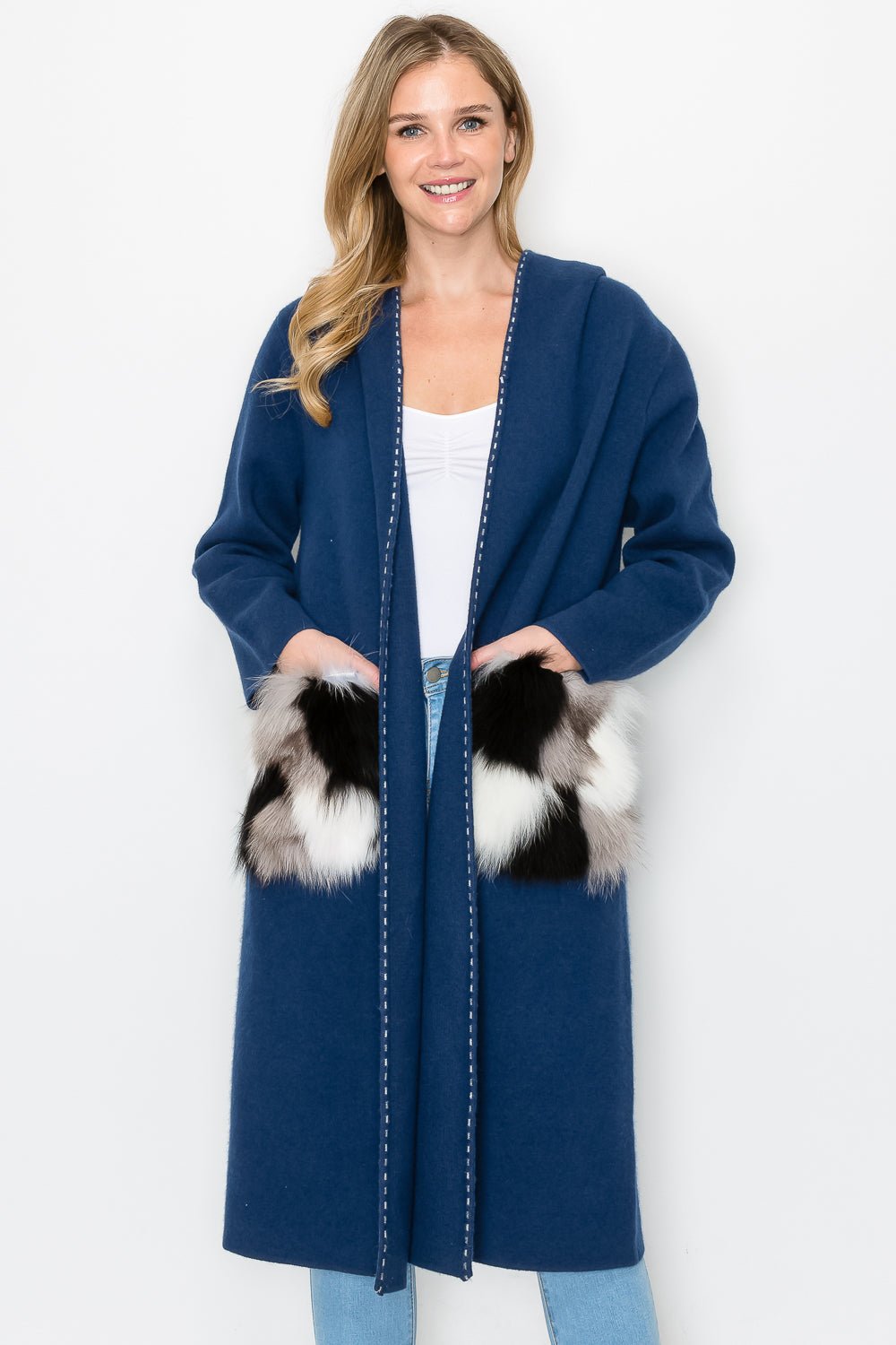 Stella Knitted Sweater Coat With Faux Fur Pockets - JOH APPAREL - Banebrook Collections