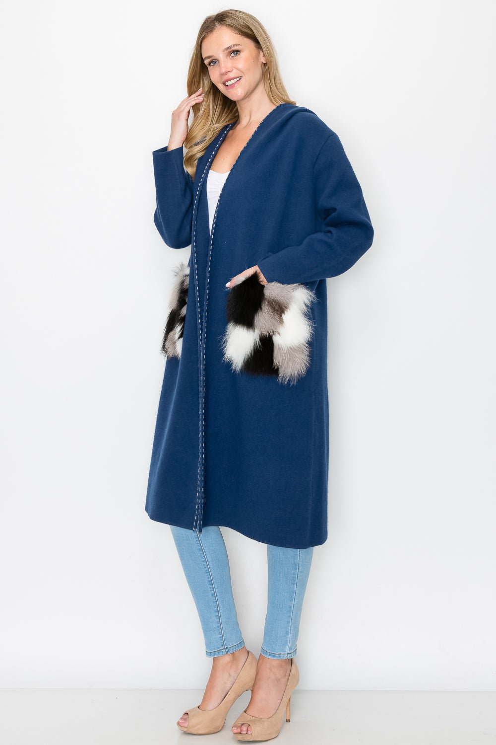 Stella Knitted Sweater Coat With Faux Fur Pockets - JOH APPAREL - Banebrook Collections