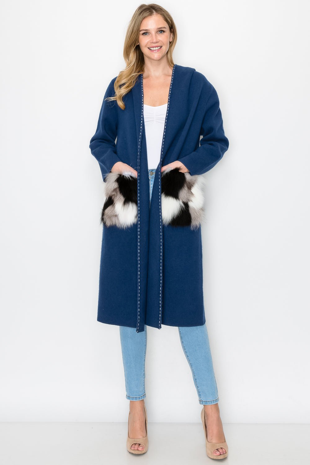 Stella Knitted Sweater Coat With Faux Fur Pockets - JOH APPAREL - Banebrook Collections