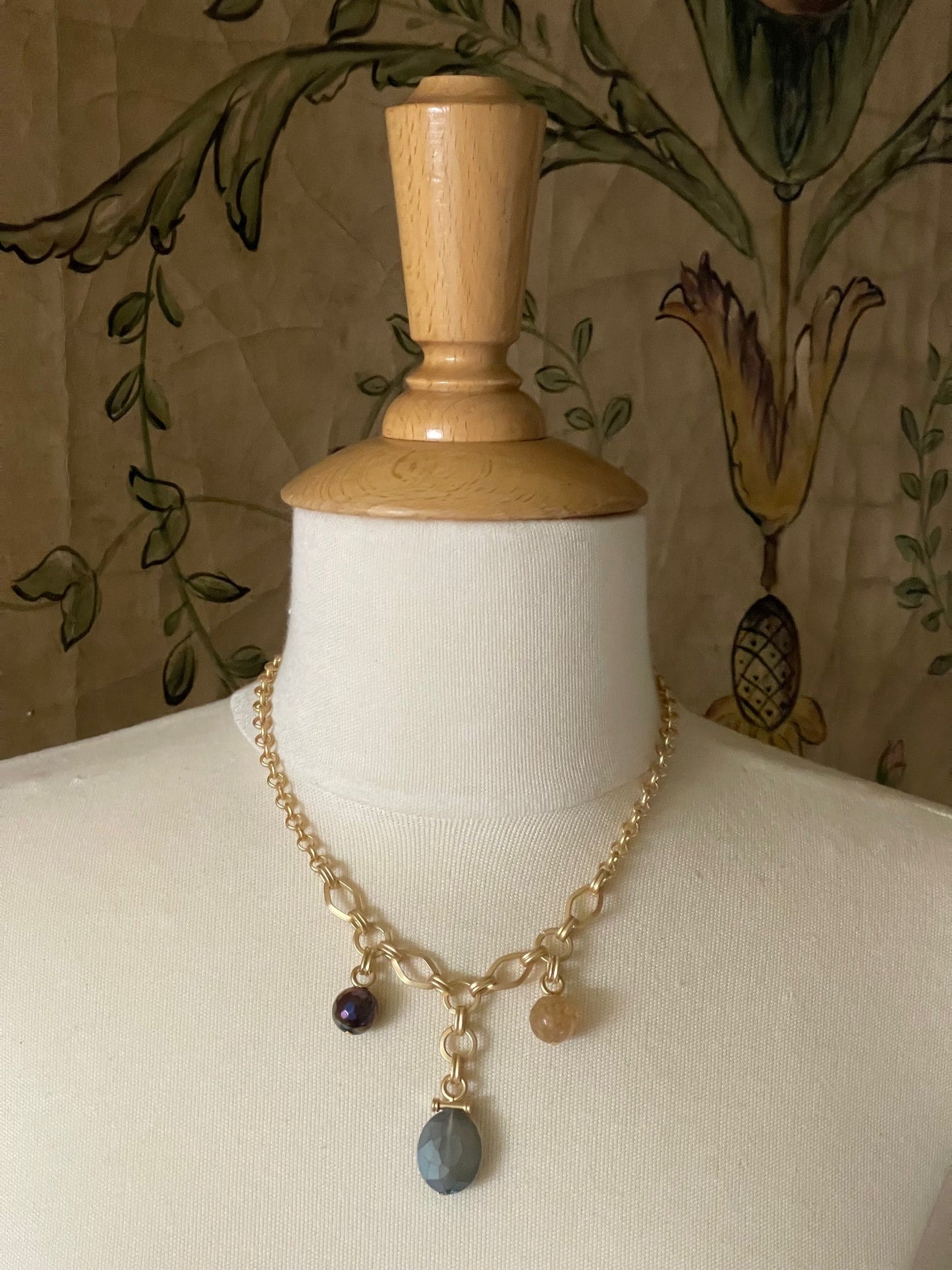 Three Charm Necklace With Matte Olive Crystal, Citrine, & Tiger Eye - DEBORAH GRIVAS - Banebrook Collections