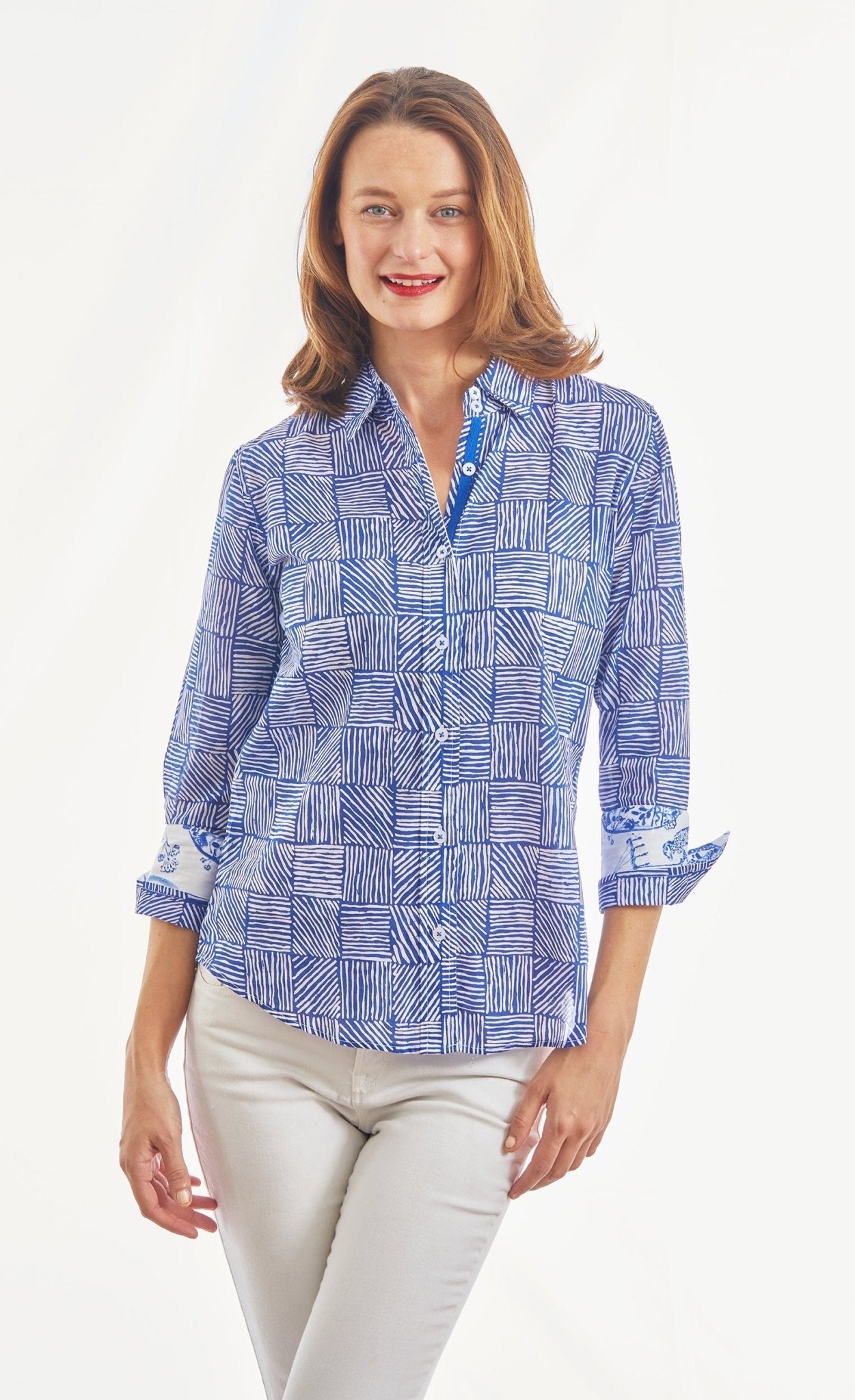 3/4 Sleeve Rome Navy White Criss Cross Boxes – Banebrook Collections