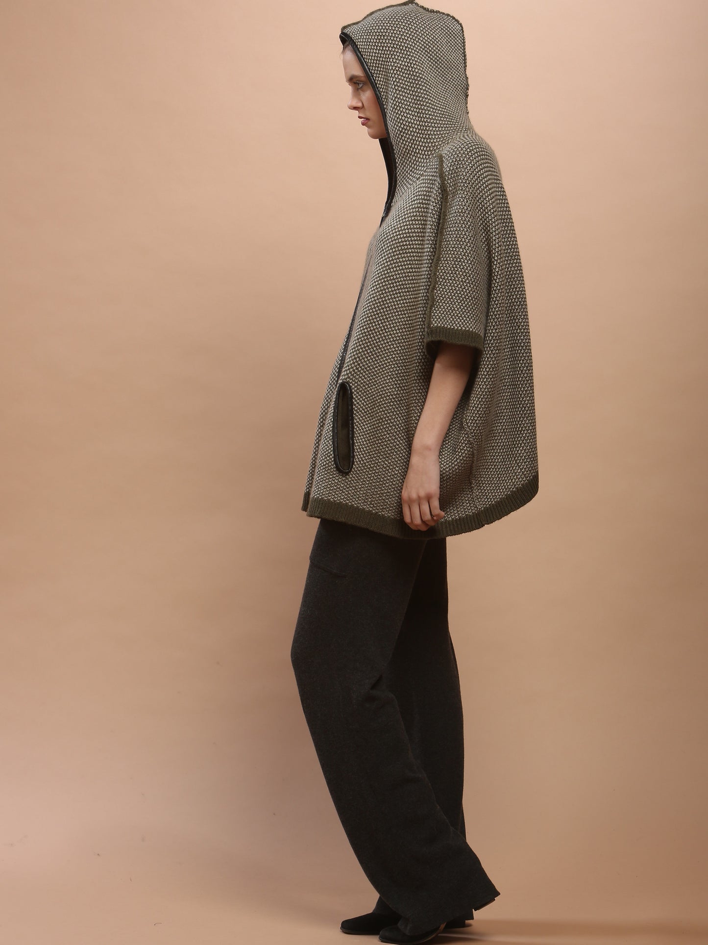 Leather Trimmed Zipped Hoodie Cape