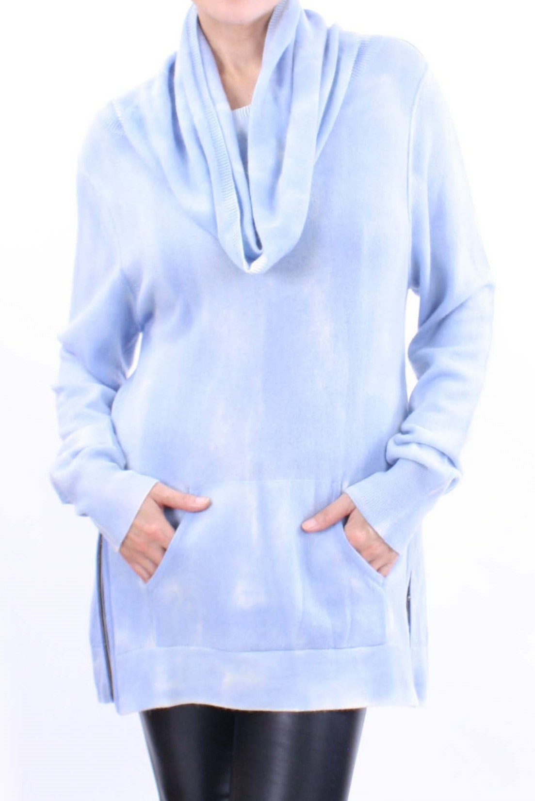 Zipper Trimmed Hand Painted Cowlneck Pullover In Inner Mongolia Cashmere