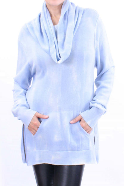 Zipper Trimmed Hand Painted Cowlneck Pullover In Inner Mongolia Cashmere