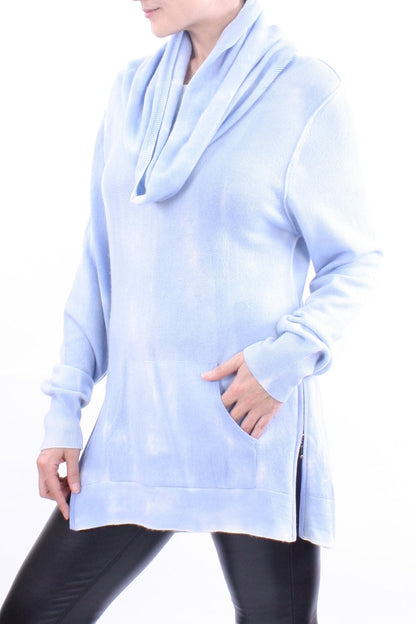 Zipper Trimmed Hand Painted Cowlneck Pullover In Inner Mongolia Cashmere