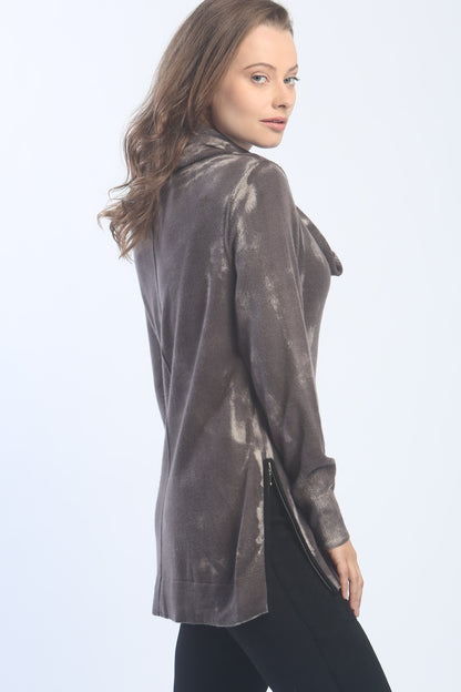 Zipper Trimmed Hand Painted Cowlneck Pullover In Inner Mongolia Cashmere