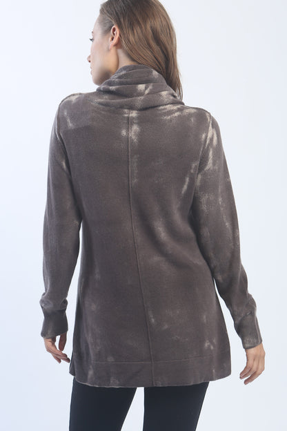Zipper Trimmed Hand Painted Cowlneck Pullover In Inner Mongolia Cashmere